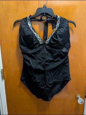 Jaclyn Smith Black Halter One-Piece Swimsuit with Silver Beaded Trim